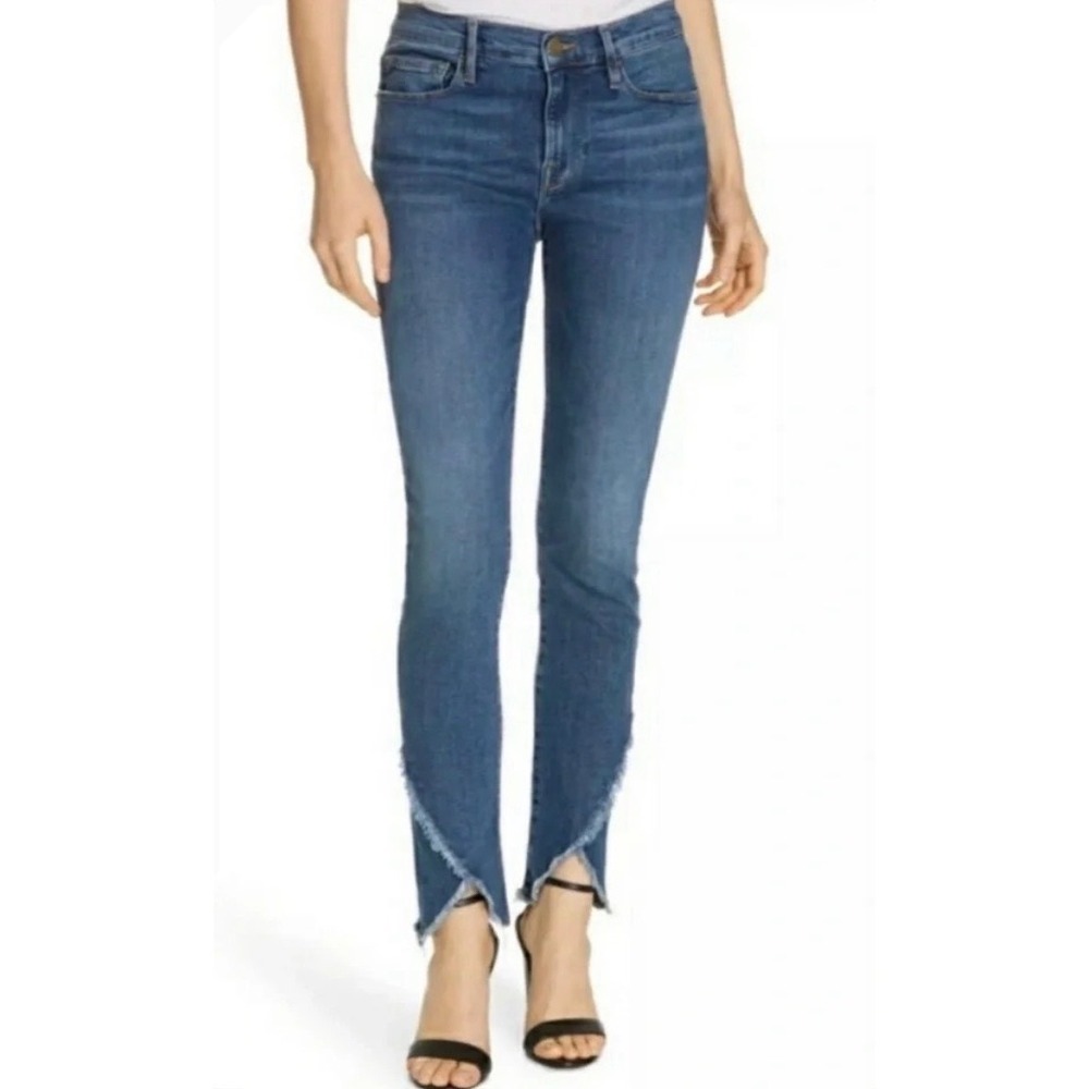 FRAME Le Skinny de Jeanne Jeans Cristallo Blue Asymmetrical Raw Hem 28